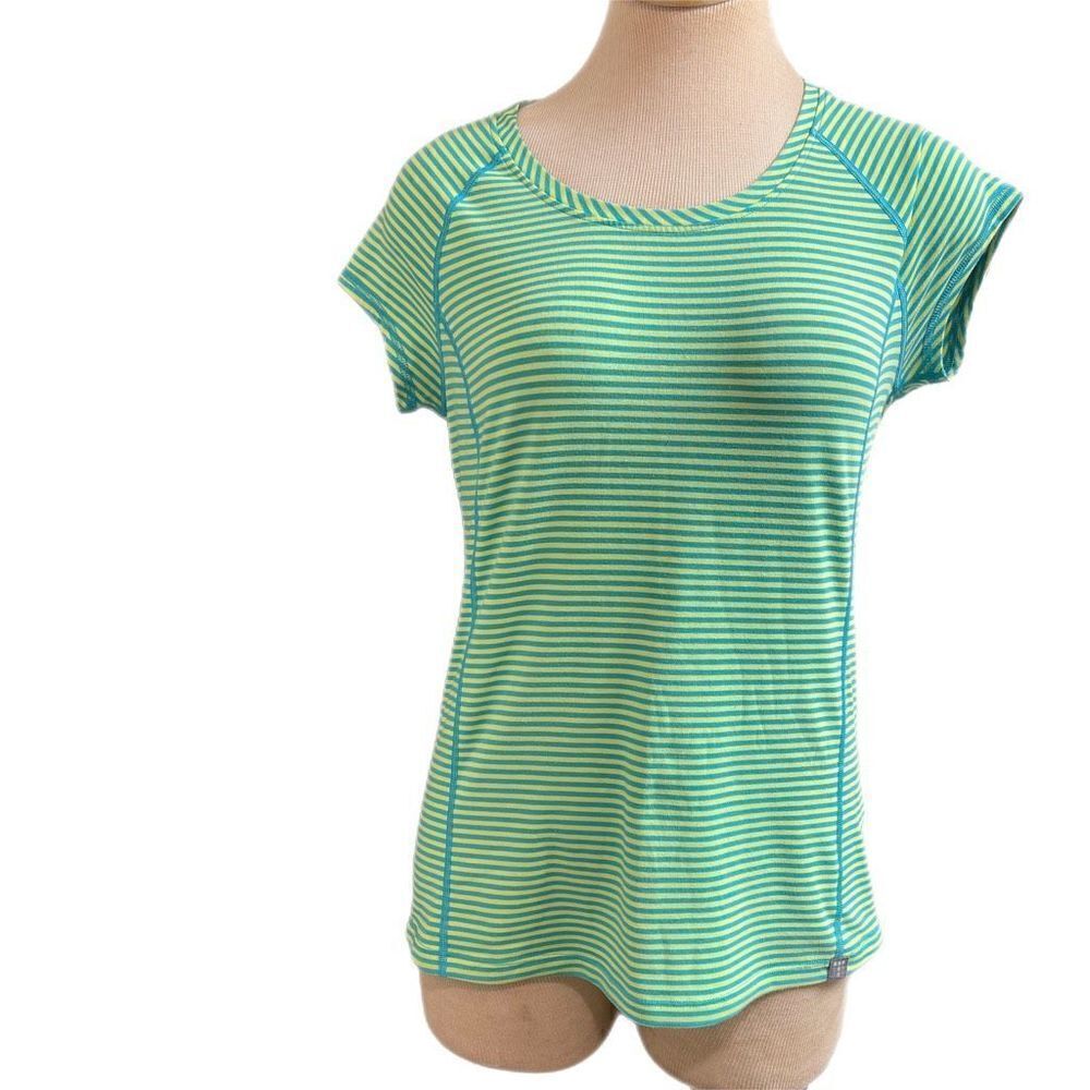 Title Nine Womens Short Sleeve Vibe Tee T-Shirt Size Small Teal Yellow Striped